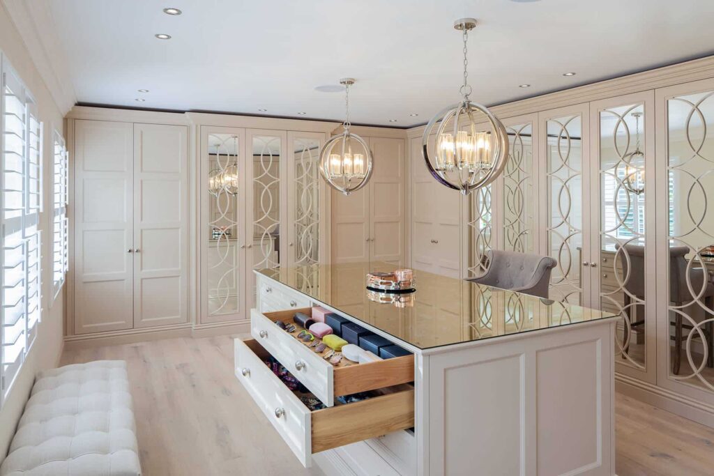 An elegant dressing room with customized storage solutions