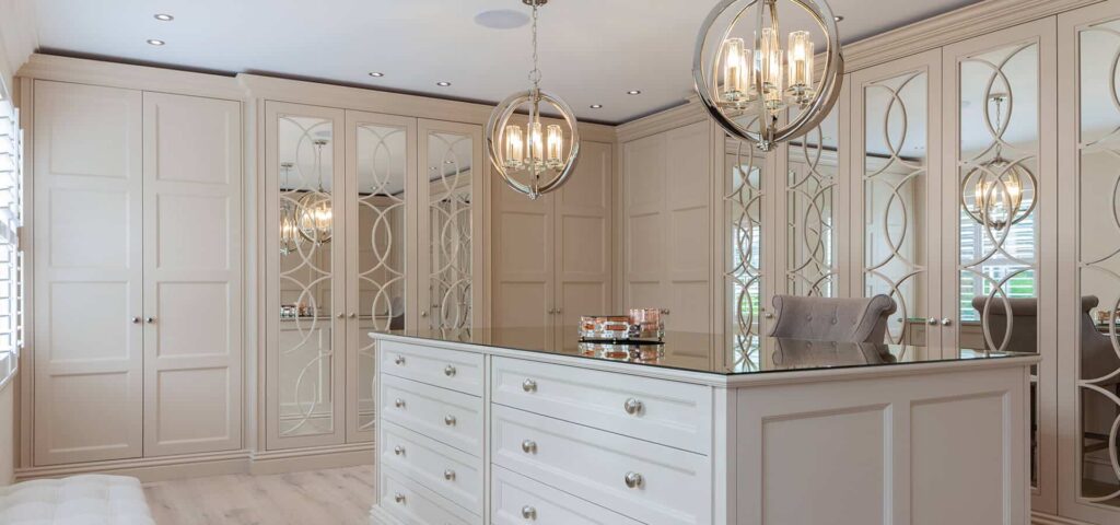 An elegant dressing room with customized storage solutions
