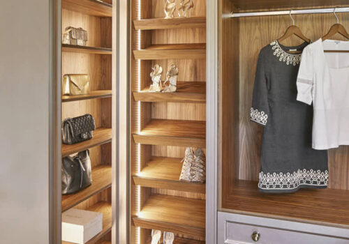 open fronted walk in wardrobe with LED lighting