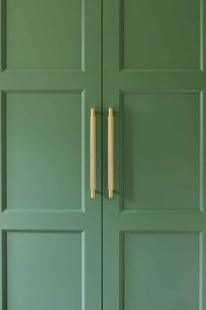Sarah Llyod 2 Edwardian Fitted Wardrobes in green with gold handles by The Heritage Wardrobe Company