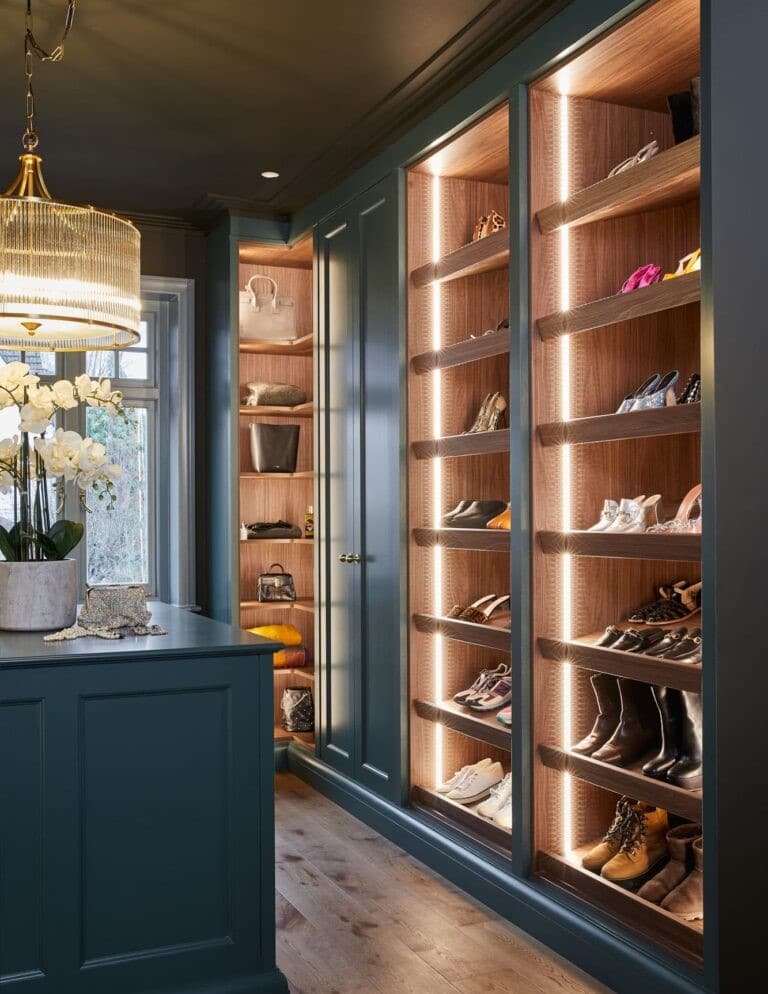 open-fronted walk-in wardrobe with LED lighting