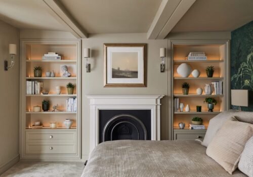 Matching Victorian style built-in shelving either side of fireplace in a bedroom - with dimmed light on