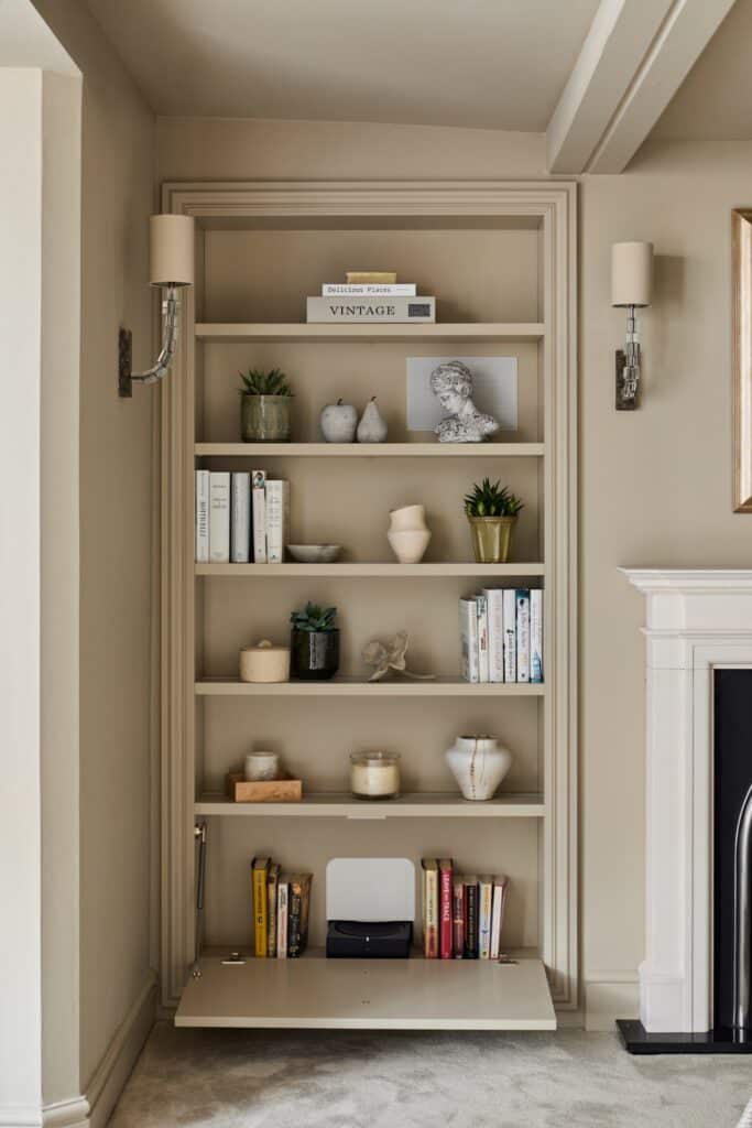 Heritage Wardrobes - Wall Hall4053-1440x2160 Victorian style built-in shelving with door panel open