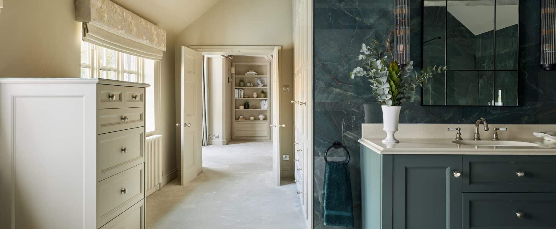 Victorian style bathroom vanity unit with his and hers sinks - looking through to fitted wardrobes in bedroom