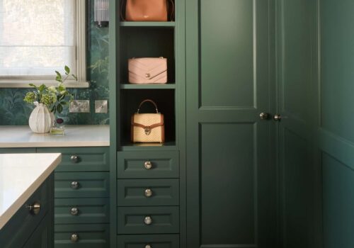 Green, Victorian style dressing room with doors closed