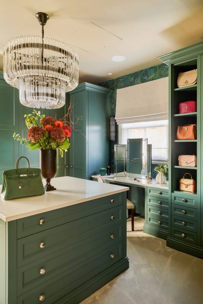 Heritage Wardrobes - Wall Hall4150-1440x2160 Green, Victorian style dressing room with built-in dressing table and island and open-fronted shelving