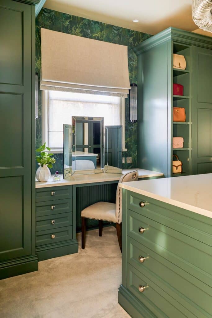Heritage Wardrobes - Wall Hall4185-1440x2160 Green, Victorian style dressing room with built-in dressing table and island