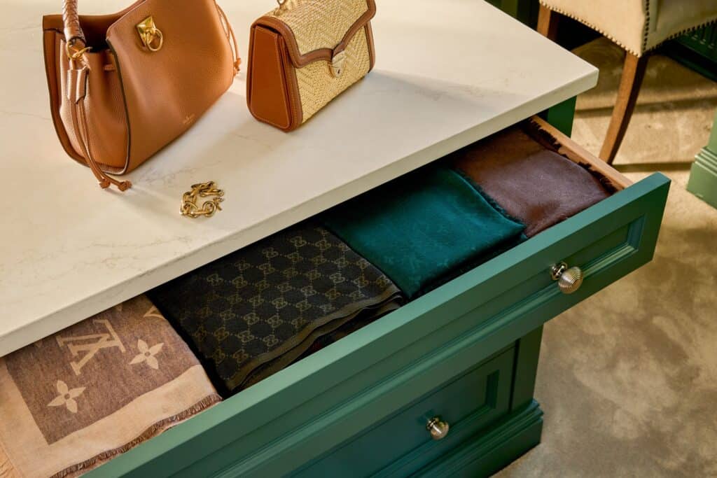 Heritage Wardrobes - Wall Hall4203-2160x1440 Victorian style dressing room drawers - opened with handbags and scarves
