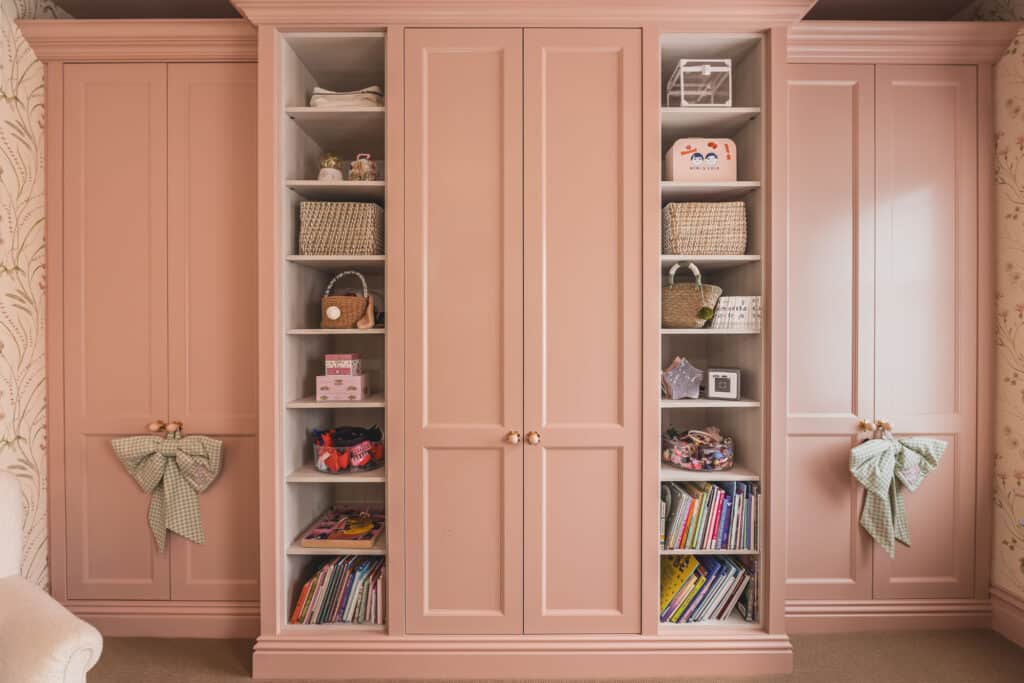 Tilford style fitted wardrobes with open shelving in Millie Mackintosh house