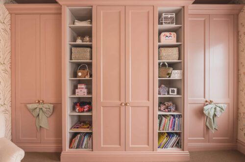 Tilford style fitted wardrobes with open shelving in Millie Mackintosh house