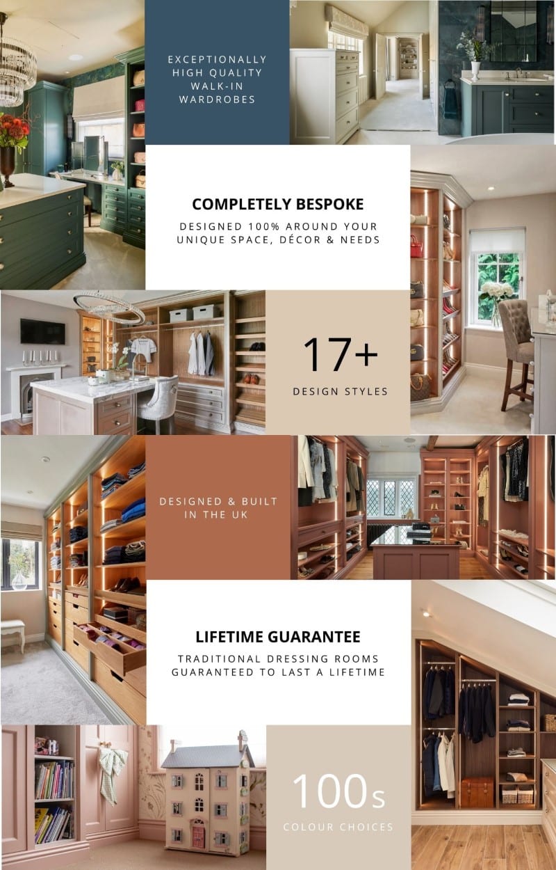multiple images of bespoke walk-in wardrobes in a grid format