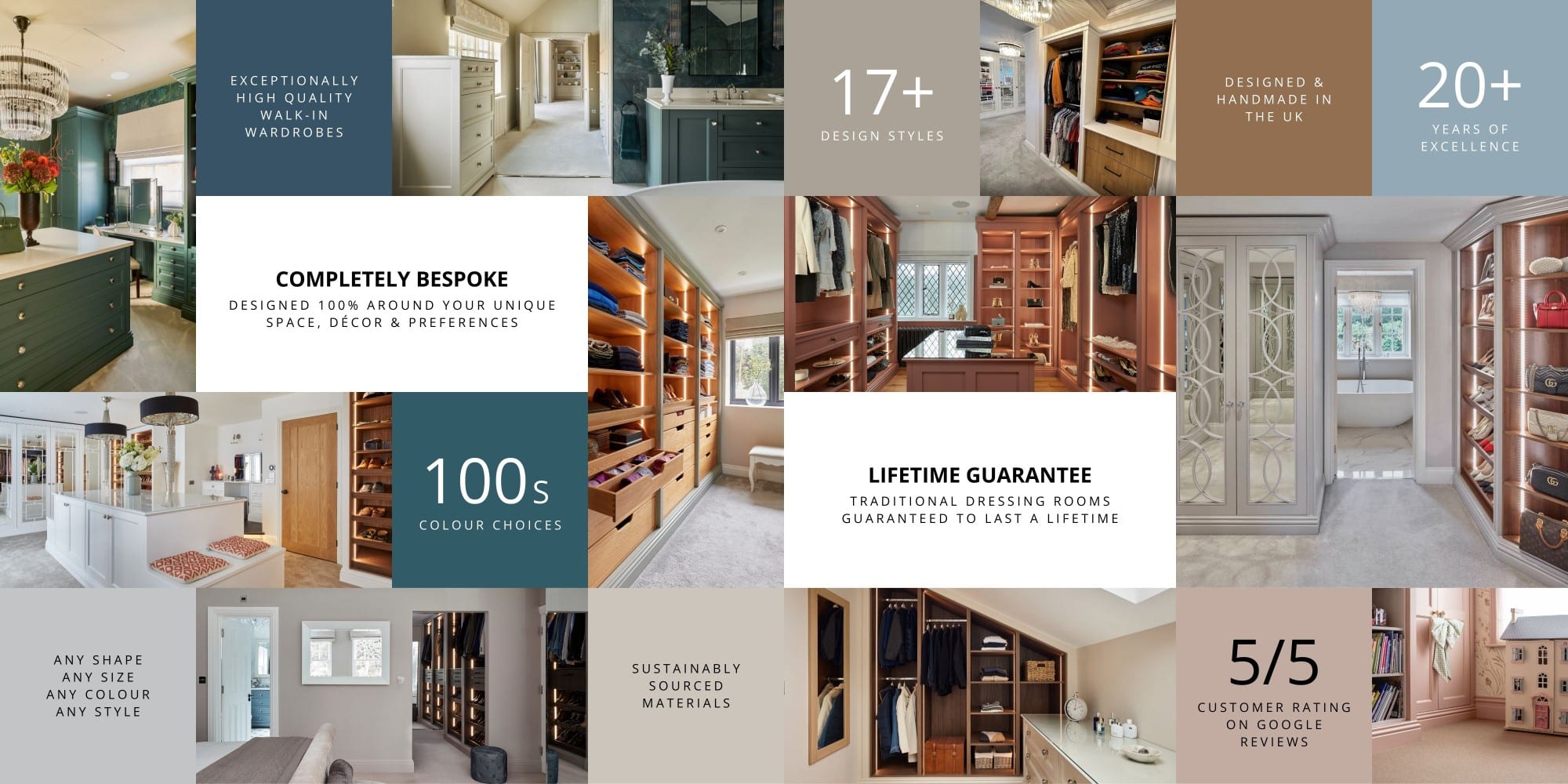 multiple images of bespoke walk-in wardrobes in a grid format