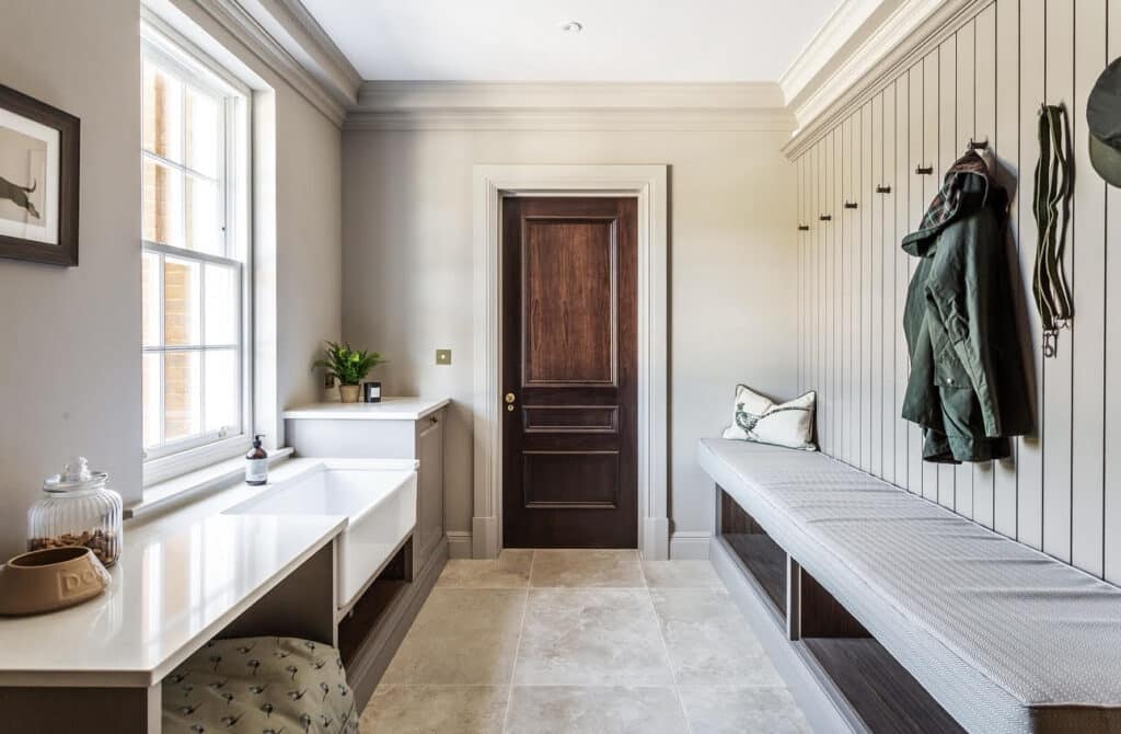 Screenshot Luxury, fitted boot room / utility room with sink, cupboards and bespoke seating bench