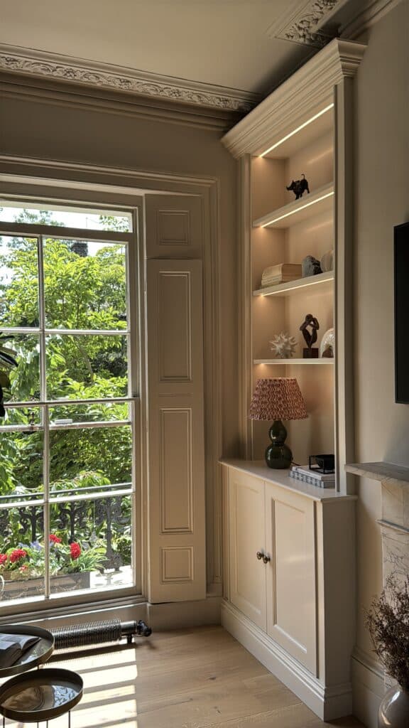 image00028 built-in wooden bookcase and cupboard unit with LED lighting - built-in to an alcove