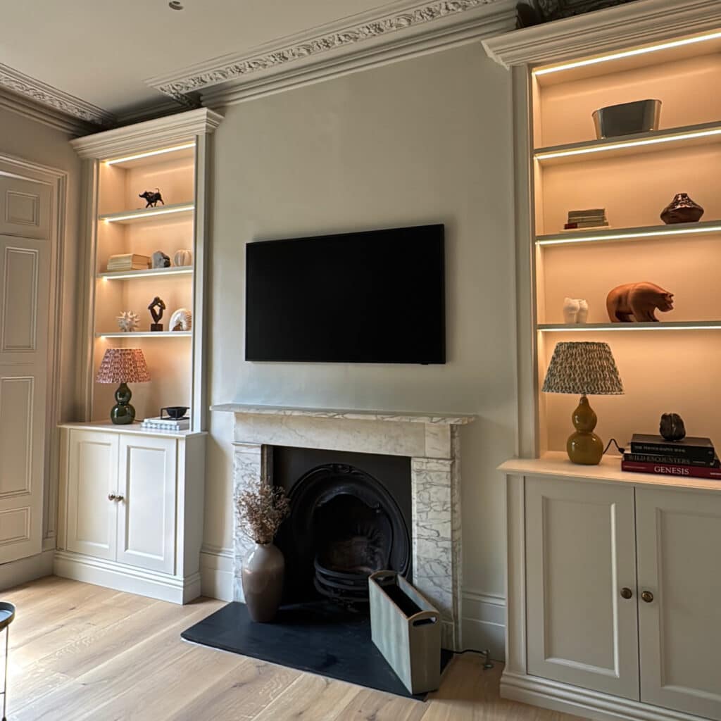 Built-in bookcases in alcove.
