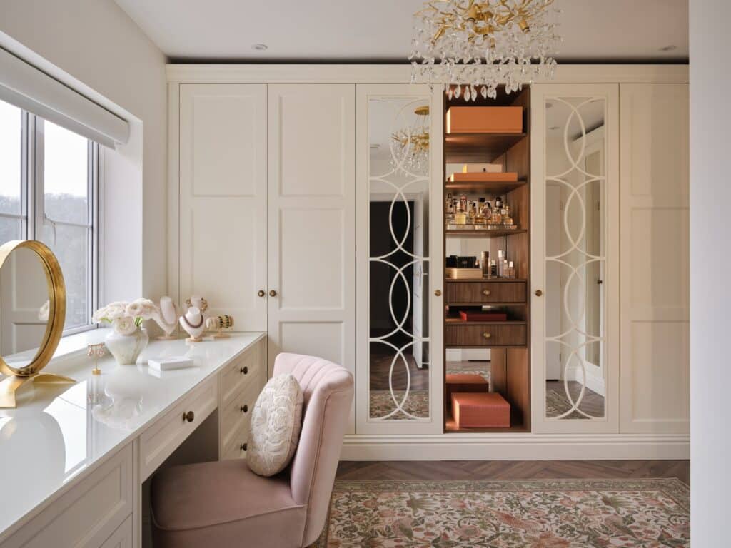 white Balmoral-style fitted wardrobe with dressing table